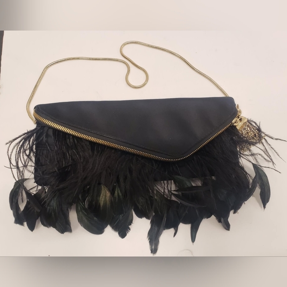 Henri Bendel Feather Embellished Black Satin Evening Bag - Picture 1 of 16